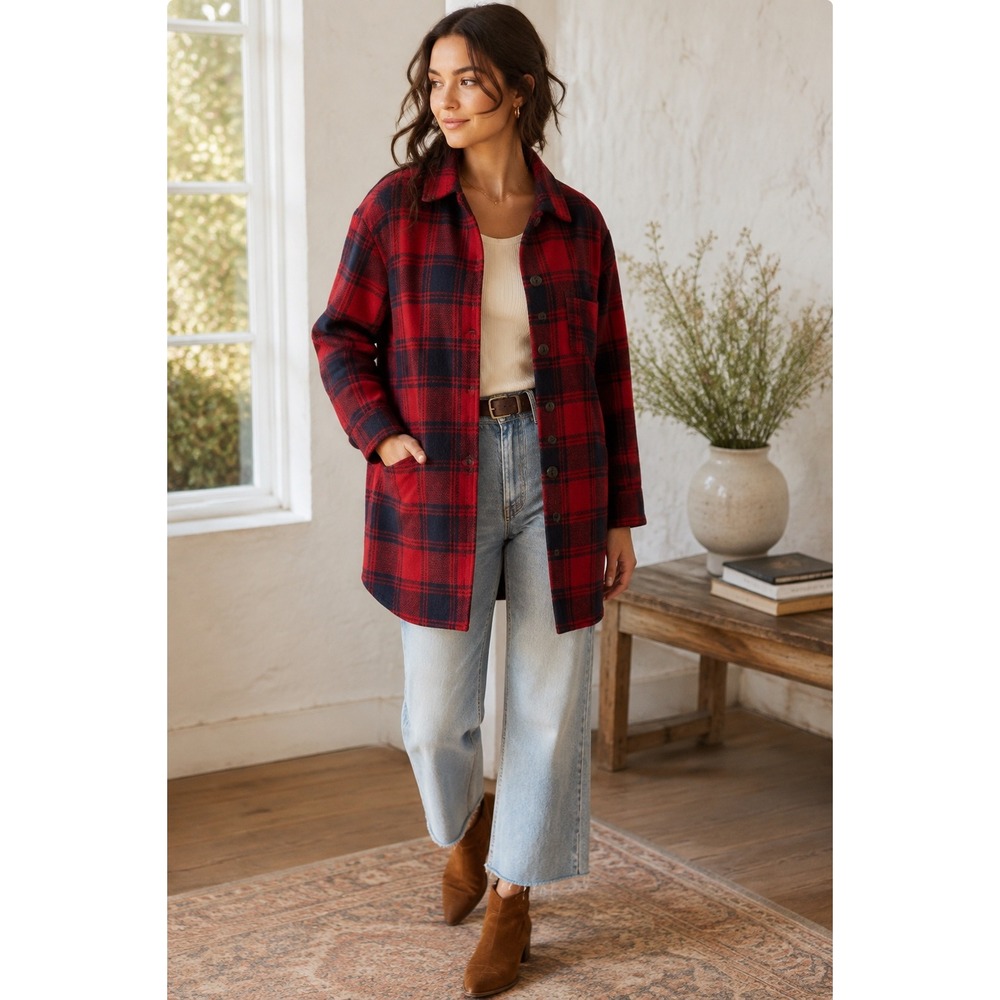POL Red and Black Plaid Women's Longline Button Up Coat Shirt Jacket Size M